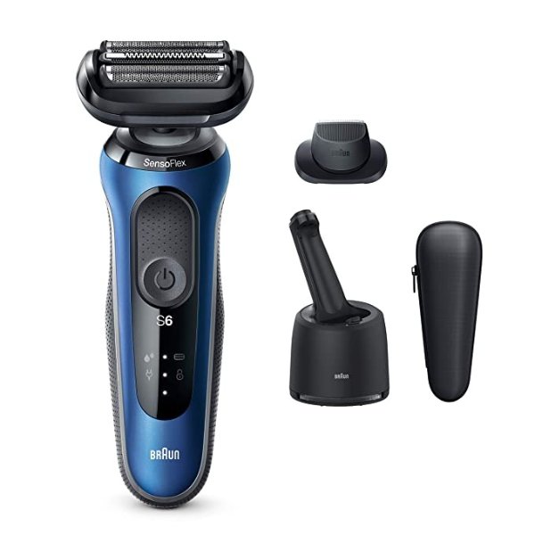 Electric Razor for Men, Series 6 6072cc SensoFlex Electric Shaver with Precision Trimmer, Rechargeable, Wet & Dry Foil Shaver with 4in1 SmartCare Center and Travel Case, Black/Blue