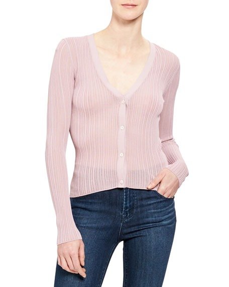 V-Neck Button-Front Pointelle Cardigan
