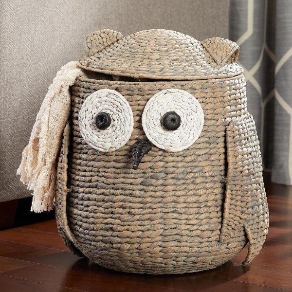 Grey and Brown Owl Water Hyacinth Woven Decorative Basket with Lid