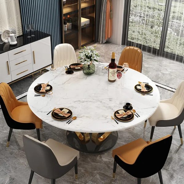 Modern 53" Round White Dining Table for 6 Person Faux Marble Top Gold & Black Pedestal-Homary