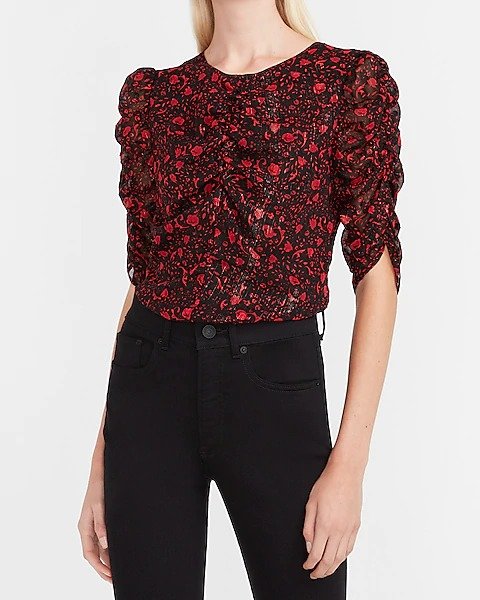 Floral Metallic Ruched Sleeve Top