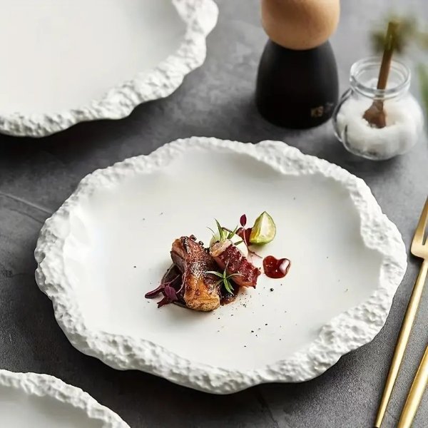 1pc, Elegant French Style Ceramic Dinner Plate, Textured Rock Design, Shallow Serving Dish, Luxury Presentation Plate For Home And Hotel Use