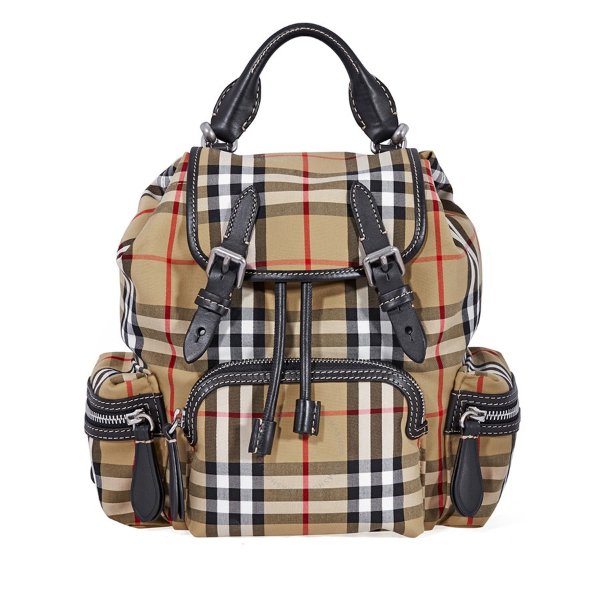 Small Vintage Check and Leather Rucksack- Antique Yellow