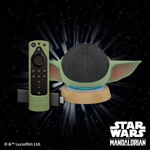 Echo Dot (4th Gen) - Charcoal and Fire TV Stick 4K with Star Wars themed remote cover (Grogu Green) and stand (stand will be released on June 10, 2021)