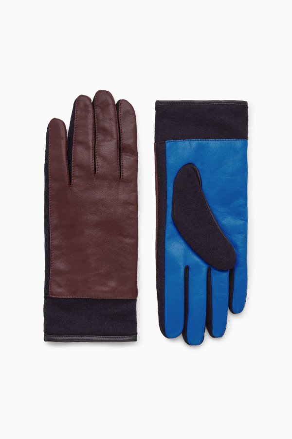 COLOUR-BLOCK LEATHER GLOVES - BURGUNDY / BRIGHT BLUE - Gloves - COS