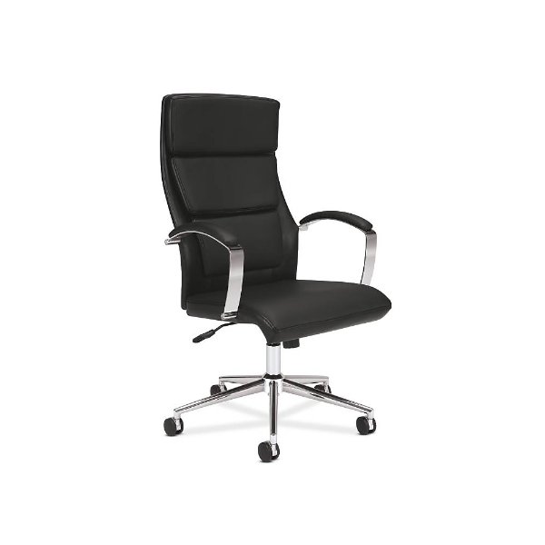 HON High-Back Executive Chair, Center-Tilt, Polished Aluminum, Black SofThread Leather