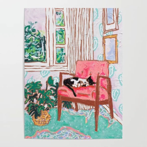 Little Naps - Tuxedo Cat Napping in a Pink Mid-Century Chair by the Window Poster by larameintjes