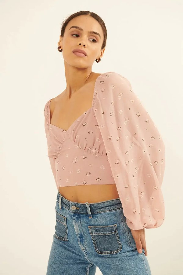 Promesa | Pink Floral Sweetheart Neck Semi Sheer Sleeve Blouse