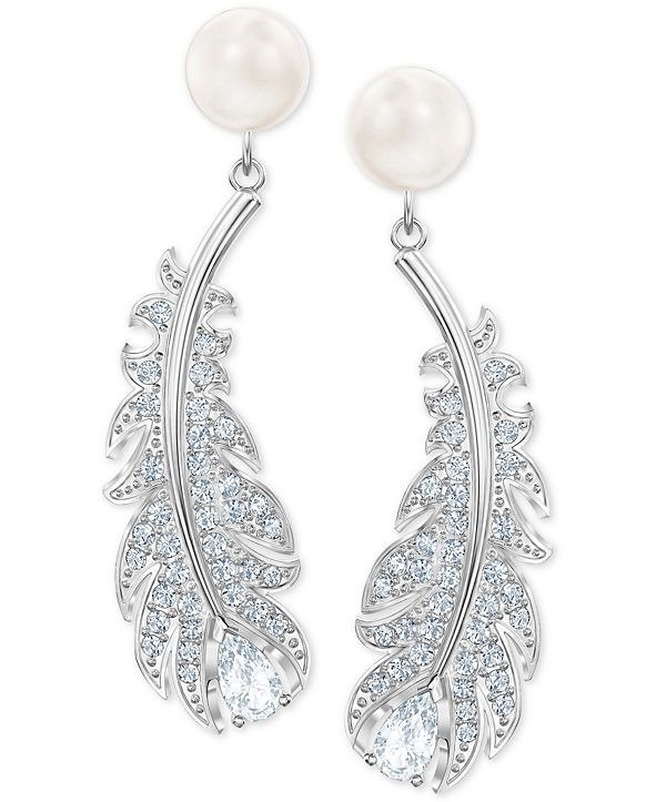Silver-Tone Pave & Imitation Pearl Feather Chandelier Earrings