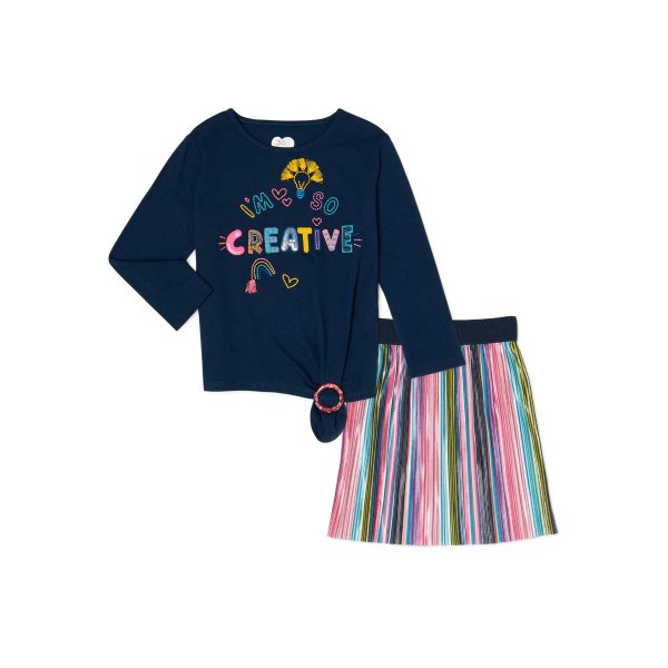 Girls Side-Tie Graphic Long Sleeve T-Shirt and Rainbow Skirt, 2-Piece Outfit Set, Sizes 4-10