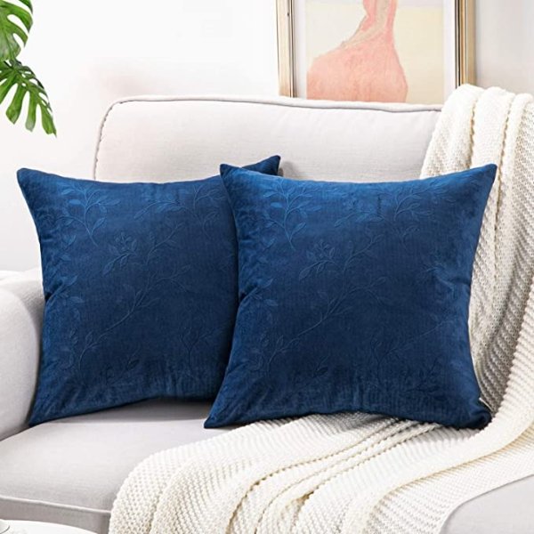 Topfinel Square Decorative Embossing Velvet Throw Pillow Covers for Couch Sofa Chair Embossed Branches and Leaves Texture Shape Cushion Cover 16 x 16 inches 40 x 40 cm, Set of 2, Navy