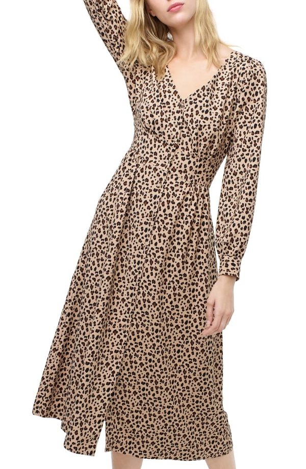 Leopard Print Buffon Front A-Line Midi Dress