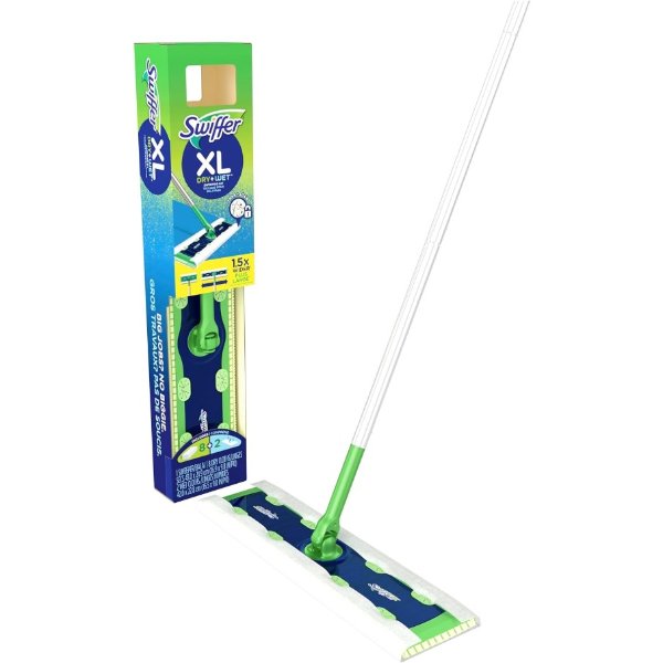 Swiffer Sweeper Dry + Wet XL Sweeping Kit, 1 Sweeper, 8 Dry Cloths, 2 Wet Cloths