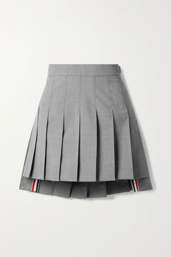 Grosgrain-trimmed pleated wool-blend mini skirt
