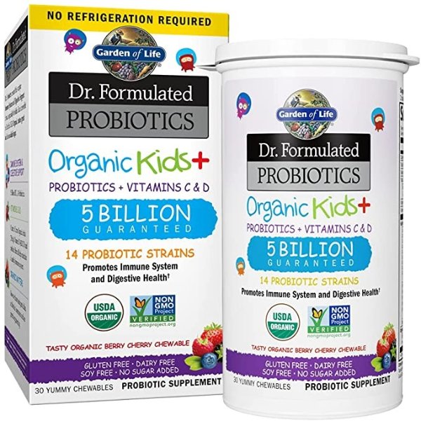 Dr. Formulated Probiotics Organic Kids+ Plus Vitamin C & D - Berry Cherry - Gluten, Dairy & Soy Free Immune & Digestive Health Supplement, No Added Sugar, 30 Chewables (Shelf Stable)