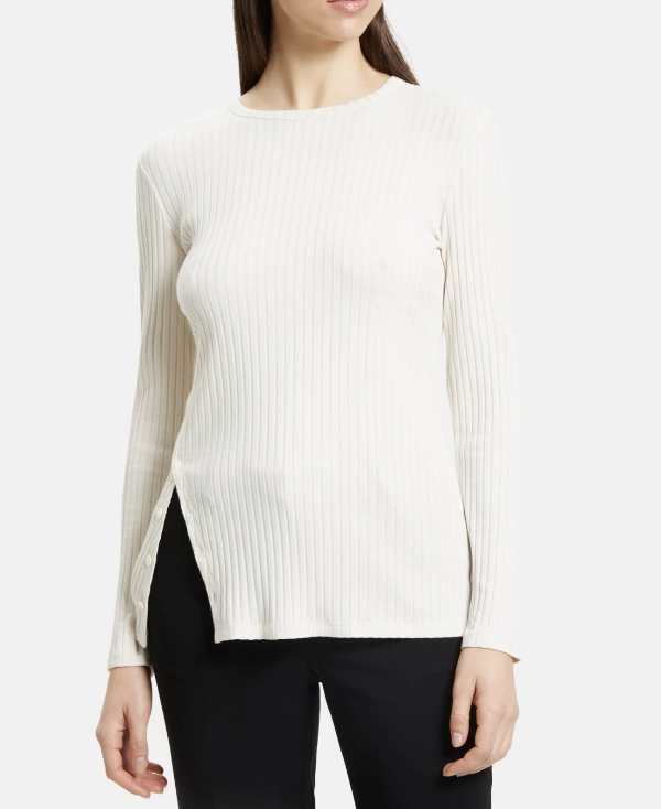 Button-Hem Long-Sleeve Tee in Ribbed Cotton