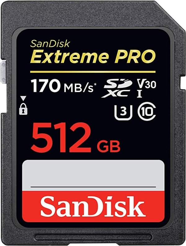 512GB Extreme PRO SDXC C10, U3, V30, 4K 170MB/s