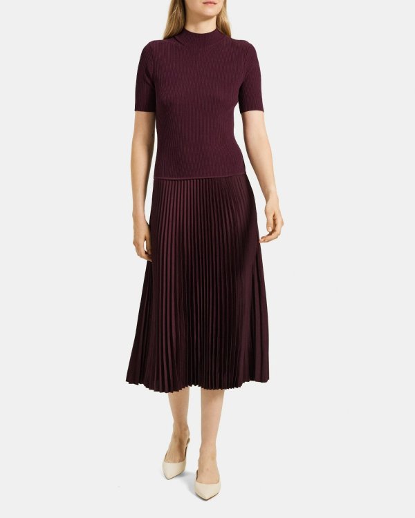 Pleated Rib Knit Dress in Compact Stretch Knit