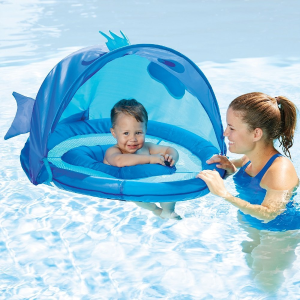 Swim School Fun Fish Baby Inflatable Pool Float with Canopy, UPF 50, 6 to 18 months, Blue