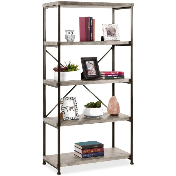 5-Tier Industrial Bookshelf w/ Metal Frame, Wood Shelves