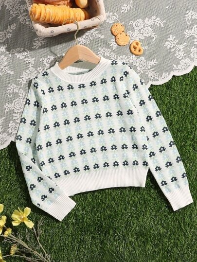 Girls Allover Floral Pattern Sweater
