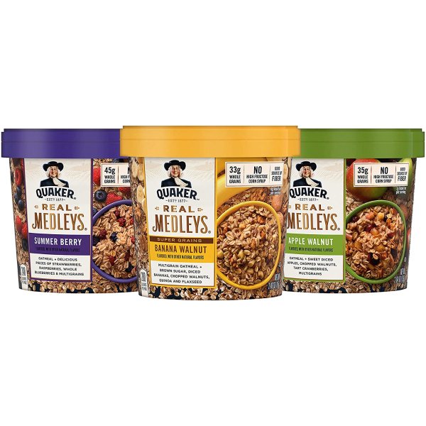 Real Medleys Oatmeal+, Variety Pack, Instant Oatmeal+ Breakfast Cereal (12 Cups) (Packaging May Vary)