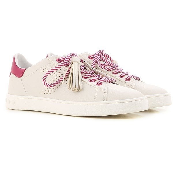 Tods Ladies Leather White Fuchsia Sneakers Size 36.5