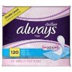 Always Incredibly Thin Regular Daily Liners, wrapped, 120 Count , Pack of 2