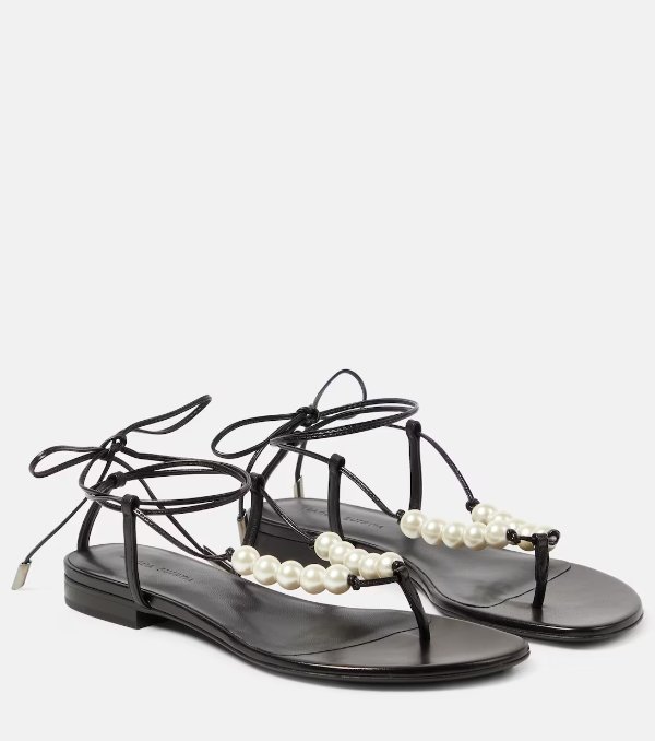 Faux-pearl embellished leather sandals
