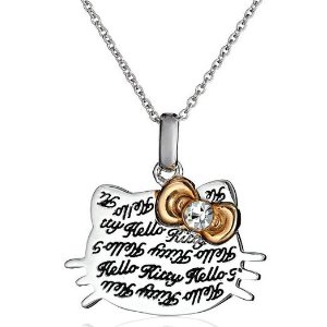 Hello Kitty Czech Crystals Engraved Script Face Rose Gold Bow Dangle Girl's Pendant Necklace