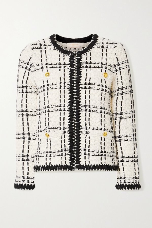 Kendra chiffon-trimmed linen-blend tweed jacket
