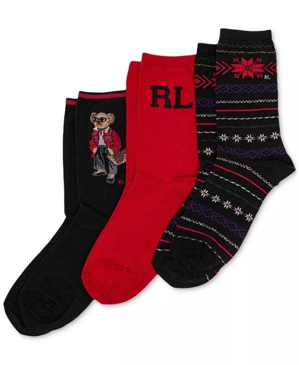 Women's 3-Pk. Holiday Bear Crew Socks Gift Set