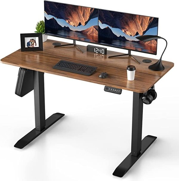 HappYard Height Adjustable Electric Standing Desk, 47 x 23 Inches Adjustable Desk w/ 4 Memory Height, Splice Board, 2 Hooks, Cable Management, Adjustable Height Computer Desk for Home Office, Walnut