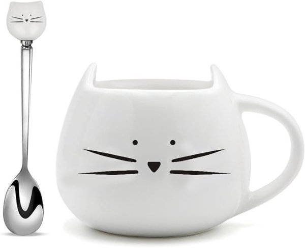 Cat Coffee Mug Ceramic Cat Cup with Spoon Gifts for Women Girls Cat Lovers Cute Tea Mugs 12 oz White