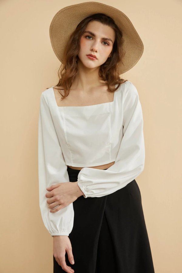 French Square-Neck Cropped Blouse