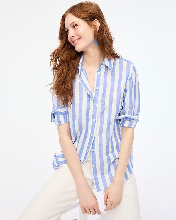 Striped linen-blend button-up shirt