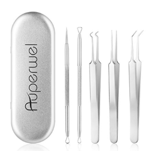 Auperwel Blackhead Remover Kit, Acne Removal Kit Blackhead Comedone Extractor Blemish Tweezers Tool Set for Nose Face Skin with Metal Case(pack of 5)
