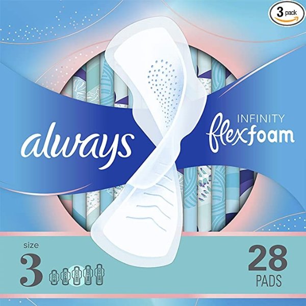 Infinity Feminine Pads for Women, Size 3, Extra Heavy Flow Absorbency, with Wings, Unscented, 28 Count, Pack of 3