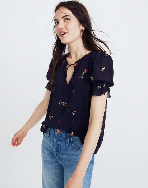 Embroidered Zephyr Ruffle-Sleeve Top in Sweet Blossoms