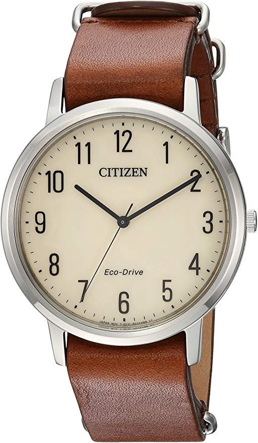 Men's 'Eco-Drive' Quartz Stainless Steel and Leather Casual Watch, Color:Brown (Model: BJ6500-21A)