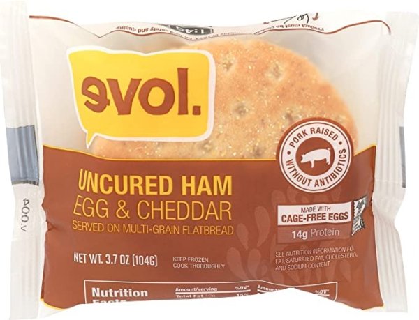 EVOL Uncured Ham and Egg Breakfast Sandwich, 12 Grams of Protein Per Serving, 5 Ounce (Frozen)