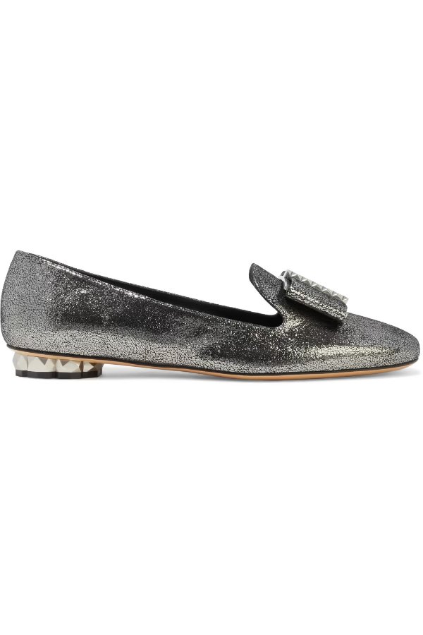 Sarno bow-embellished metallic suede loafers