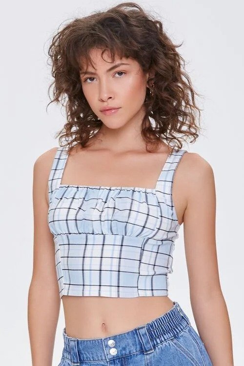 Ruched Plaid Crop Top