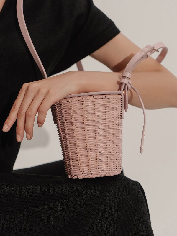 Pink Rattan Cylindrical Crossbody Bag