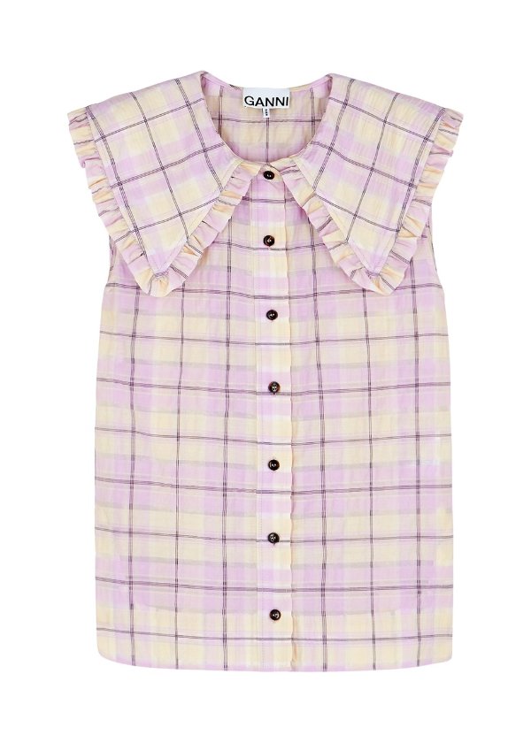 Checked ruffle-trimmed seersucker blouse