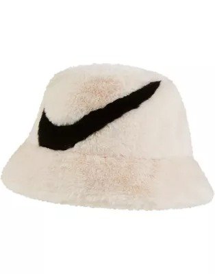 Swoosh faux fur bucket hat in off-white