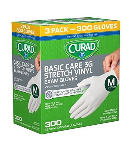 Disposable, Basic Care, 3G Stretch, Vinyl Exam, Gloves - Latex Free, Medical Grade, Non-Sterile, Powder Free, Medium, 100 Count (3-Pack)