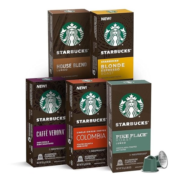 Starbucks by Nespresso Favorites Variety Pack (50-count single serve capsules, 10 of each flavor, compatible with Nespresso Original Line System)
