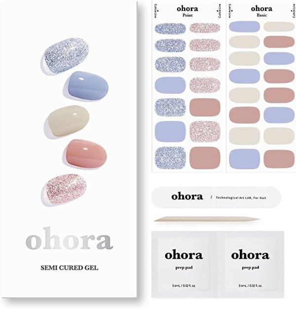 ohora Semi Cured Gel Nail Strips (N Philosophy) - Works with Any UV Nail Lamps, Salon-Quality, Long Lasting, Easy to Apply & Remove - Includes 2 Prep Pads, Nail File & Wooden Stick