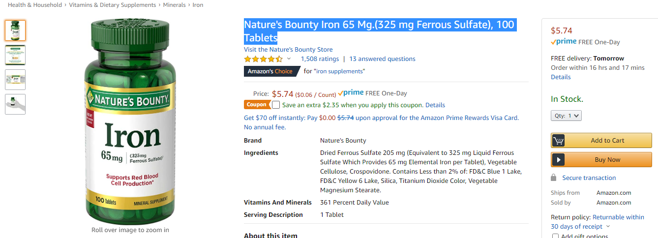 Nature's Bounty Iron 65 Mg.(325 mg Ferrous Sulfate), 100 Tablets Natures Bounty 自然之宝 铁元素补充剂